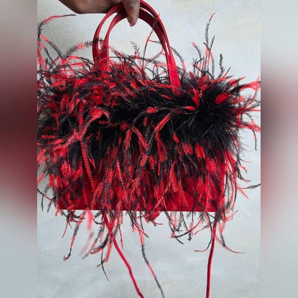 Vtg Red and Black Ostrich Feather Trimmed Satin Crossbody Shoulder Bag Glam 8x5 - Picture 11 of 14
